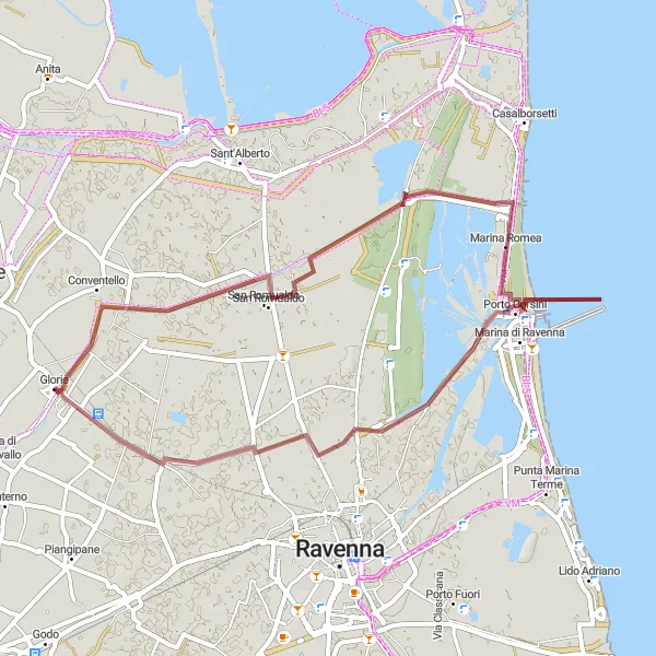 Map miniature of "Mezzano - San Romualdo - Marina Romea - Porto Corsini - Mezzano Gravel Round Trip" cycling inspiration in Emilia-Romagna, Italy. Generated by Tarmacs.app cycling route planner