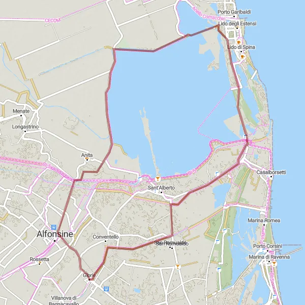 Map miniature of "Quaint Villages and Saline Views" cycling inspiration in Emilia-Romagna, Italy. Generated by Tarmacs.app cycling route planner