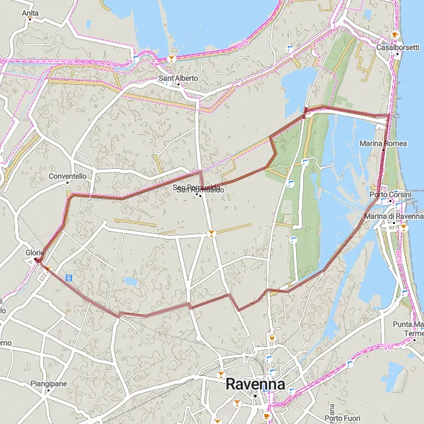 Map miniature of "Mezzano - San Romualdo - Marina Romea - Camerlona - Mezzano Gravel Round Trip" cycling inspiration in Emilia-Romagna, Italy. Generated by Tarmacs.app cycling route planner