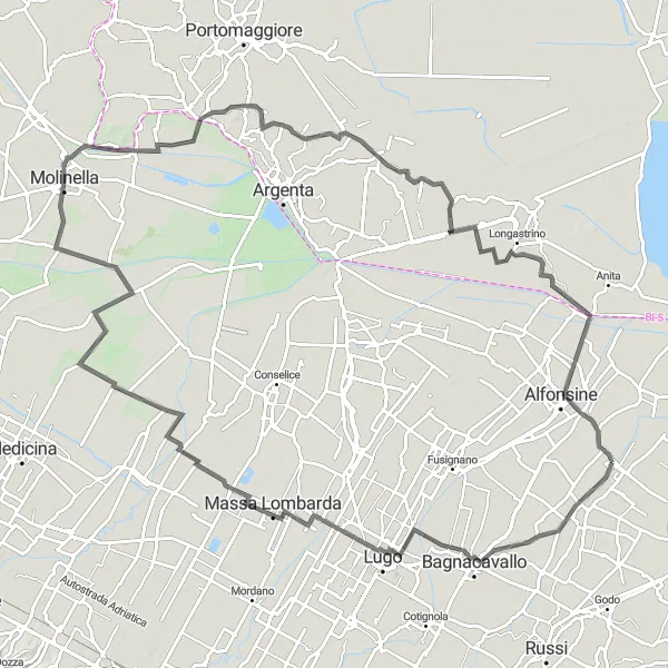 Miniatuurkaart van de fietsinspiratie "Rondrit van 116 km over verharde wegen" in Emilia-Romagna, Italy. Gemaakt door de Tarmacs.app fietsrouteplanner