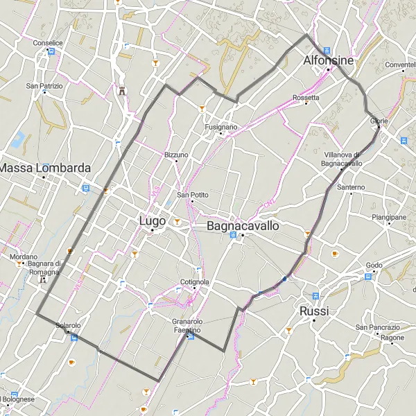 Karten-Miniaturansicht der Radinspiration "Radroute durch Villanova di Bagnacavallo und Fiumazzo" in Emilia-Romagna, Italy. Erstellt vom Tarmacs.app-Routenplaner für Radtouren