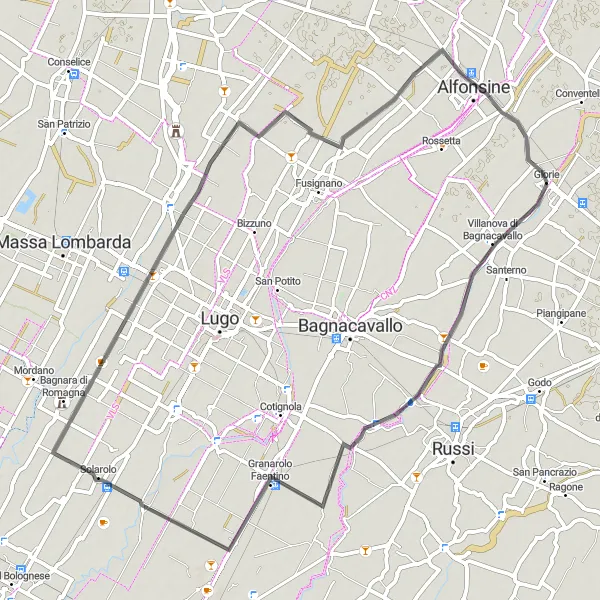 Miniatuurkaart van de fietsinspiratie "Fietsen door Villanova di Bagnacavallo en Fiumazzo" in Emilia-Romagna, Italy. Gemaakt door de Tarmacs.app fietsrouteplanner