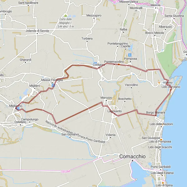 Miniaturní mapa "Gravelová cesta kolem Migliarino" inspirace pro cyklisty v oblasti Emilia-Romagna, Italy. Vytvořeno pomocí plánovače tras Tarmacs.app