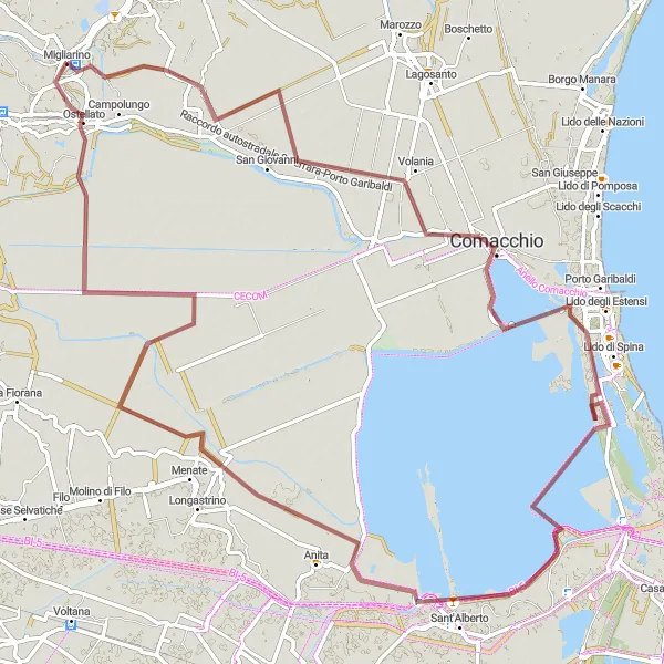 Zemljevid v pomanjšavi "Exploring coastal towns by bike" kolesarske inspiracije v Emilia-Romagna, Italy. Generirano z načrtovalcem kolesarskih poti Tarmacs.app