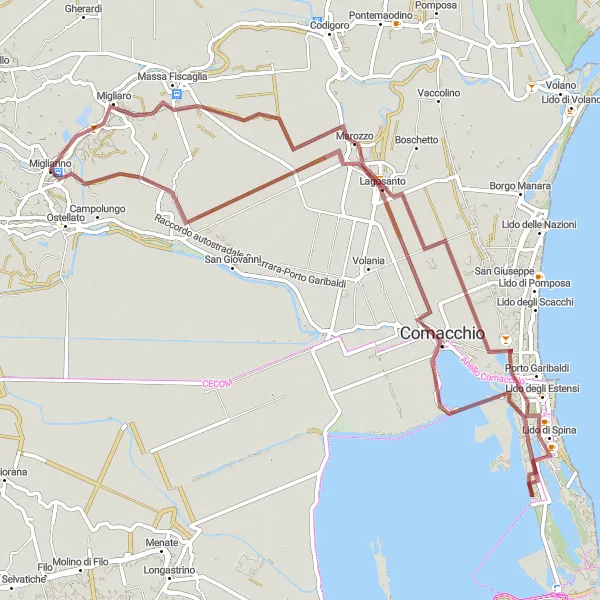 Miniature de la carte de l'inspiration cycliste "Aventure Gravel du Delta du Pô" dans la Emilia-Romagna, Italy. Générée par le planificateur d'itinéraire cycliste Tarmacs.app