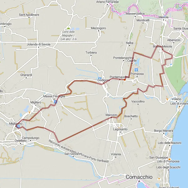 Miniature de la carte de l'inspiration cycliste "Parcours Massa Fiscaglia-Codigoro-Bosco Mesola-Marozzo-Migliarino" dans la Emilia-Romagna, Italy. Générée par le planificateur d'itinéraire cycliste Tarmacs.app
