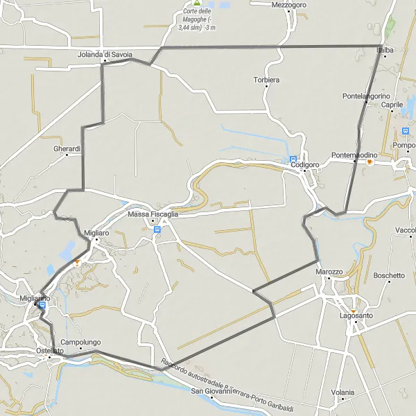 Zemljevid v pomanjšavi "Kolesarska pot preko Migliara" kolesarske inspiracije v Emilia-Romagna, Italy. Generirano z načrtovalcem kolesarskih poti Tarmacs.app