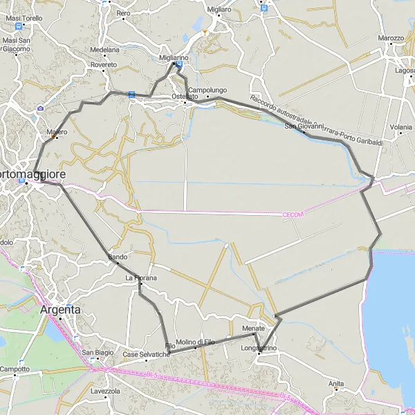 Zemljevid v pomanjšavi "Raznolika kolesarska pot v bližini Migliarina" kolesarske inspiracije v Emilia-Romagna, Italy. Generirano z načrtovalcem kolesarskih poti Tarmacs.app