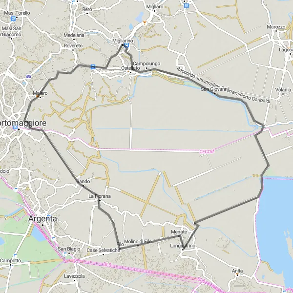 Map miniature of "Migliarino to Dogato Road Cycling Adventure" cycling inspiration in Emilia-Romagna, Italy. Generated by Tarmacs.app cycling route planner