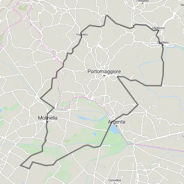 Miniatua del mapa de inspiración ciclista "Ruta en Carretera Ostellato - Masi Torello" en Emilia-Romagna, Italy. Generado por Tarmacs.app planificador de rutas ciclistas