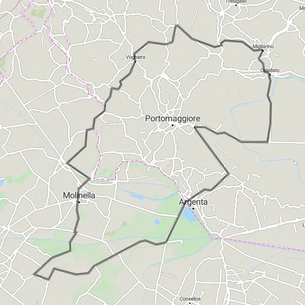 Miniatura della mappa di ispirazione al ciclismo "Avventura su strada tra Ostellato e Masi Torello" nella regione di Emilia-Romagna, Italy. Generata da Tarmacs.app, pianificatore di rotte ciclistiche