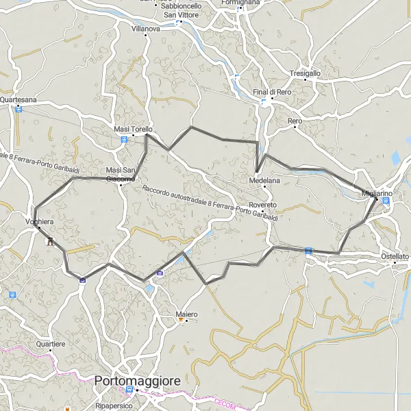 Miniaturní mapa "Cyklistická trasa Dogato" inspirace pro cyklisty v oblasti Emilia-Romagna, Italy. Vytvořeno pomocí plánovače tras Tarmacs.app