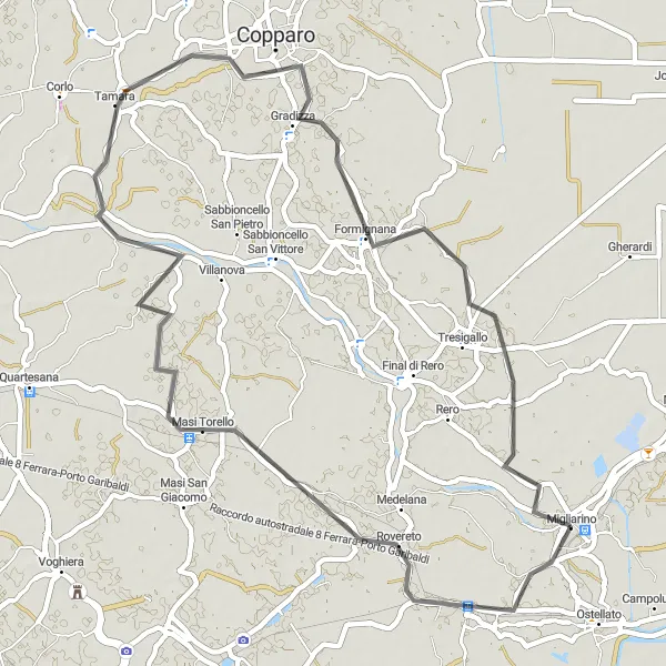 Miniatua del mapa de inspiración ciclista "Ruta de Ciclismo de Carretera desde Migliarino" en Emilia-Romagna, Italy. Generado por Tarmacs.app planificador de rutas ciclistas