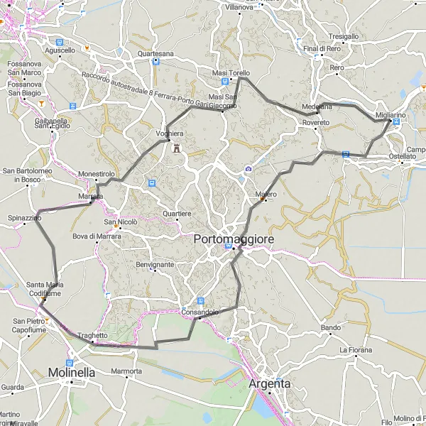 Miniatua del mapa de inspiración ciclista "Ruta Escénica en Bicicleta de Carretera desde Migliarino" en Emilia-Romagna, Italy. Generado por Tarmacs.app planificador de rutas ciclistas