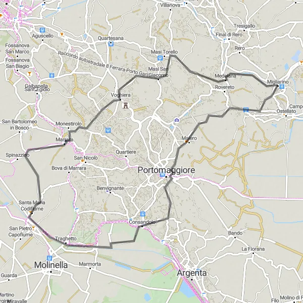 Miniatuurkaart van de fietsinspiratie "Tocht naar Voghiera" in Emilia-Romagna, Italy. Gemaakt door de Tarmacs.app fietsrouteplanner