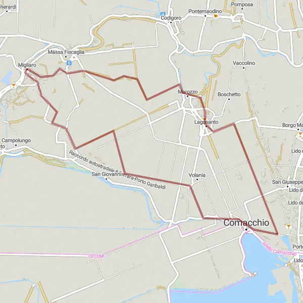 Miniatura mapy "Trasa szutrowa z Massa Fiscaglia do Comacchio via Lagosanto" - trasy rowerowej w Emilia-Romagna, Italy. Wygenerowane przez planer tras rowerowych Tarmacs.app