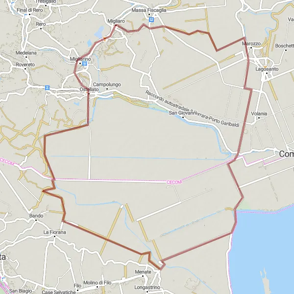 Miniaturní mapa "Gravelová trasa kolem Migliaro" inspirace pro cyklisty v oblasti Emilia-Romagna, Italy. Vytvořeno pomocí plánovače tras Tarmacs.app