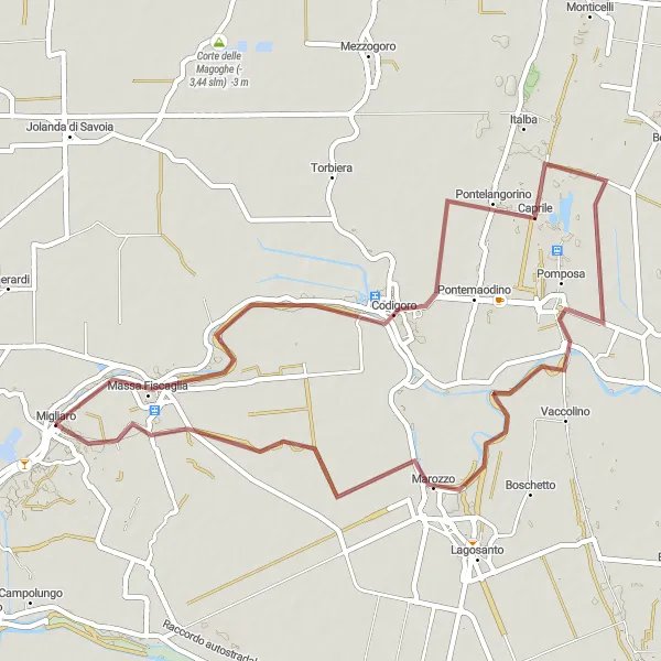 Zemljevid v pomanjšavi "Gravel kolesarska pot okoli Migliara" kolesarske inspiracije v Emilia-Romagna, Italy. Generirano z načrtovalcem kolesarskih poti Tarmacs.app