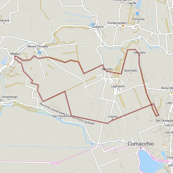 Kartminiatyr av "Grusvei rundtur fra Migliaro" sykkelinspirasjon i Emilia-Romagna, Italy. Generert av Tarmacs.app sykkelrutoplanlegger