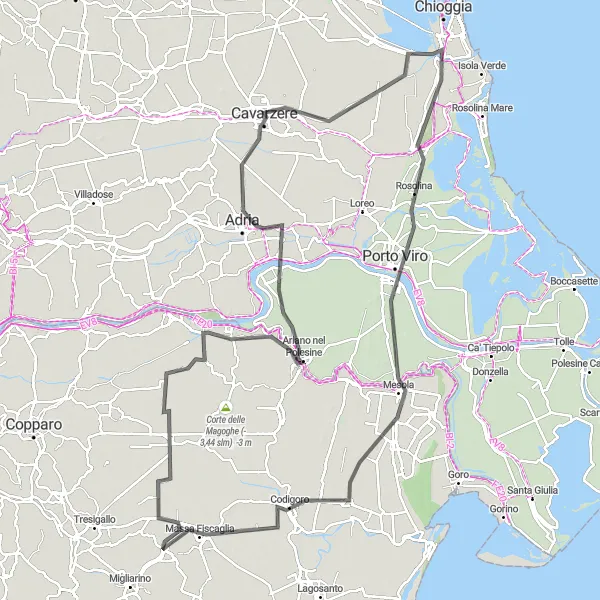 Miniaturní mapa "Cyklistická trasa kolem okolí Migliaro - Adrijské pobřeží" inspirace pro cyklisty v oblasti Emilia-Romagna, Italy. Vytvořeno pomocí plánovače tras Tarmacs.app
