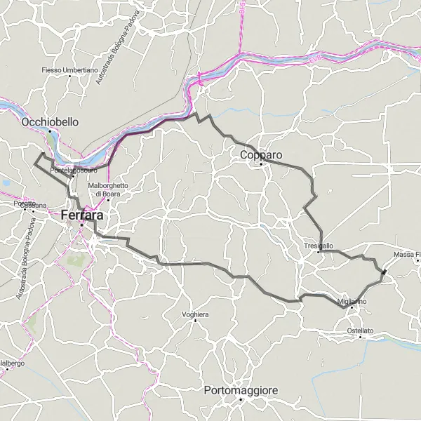 Kartminiatyr av "Migliaro - Copparo - Migliaro" sykkelinspirasjon i Emilia-Romagna, Italy. Generert av Tarmacs.app sykkelrutoplanlegger
