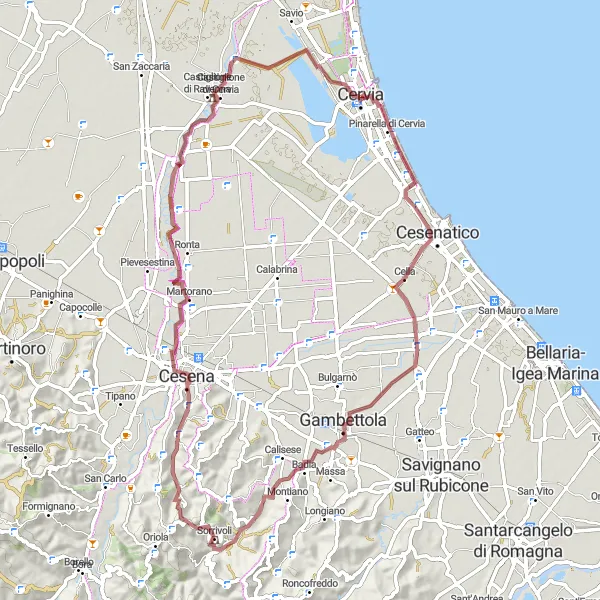 Miniaturní mapa "Gravelová dobrodružství u moře" inspirace pro cyklisty v oblasti Emilia-Romagna, Italy. Vytvořeno pomocí plánovače tras Tarmacs.app