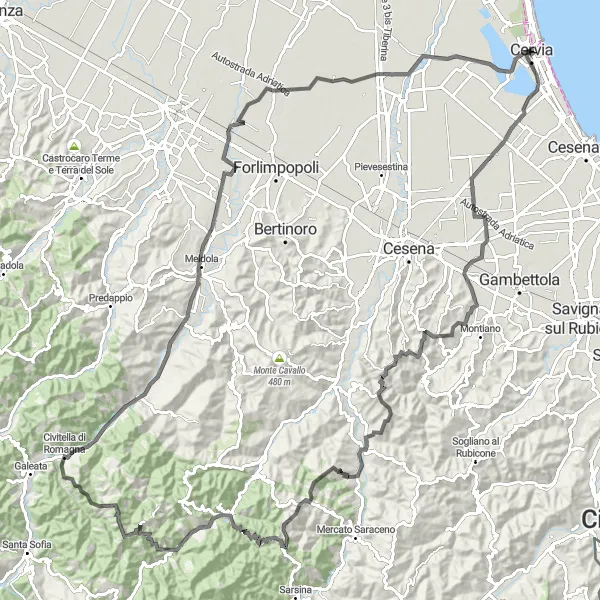 Zemljevid v pomanjšavi "Gorska pot do Monte Belvedere" kolesarske inspiracije v Emilia-Romagna, Italy. Generirano z načrtovalcem kolesarskih poti Tarmacs.app