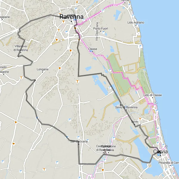 Miniatura della mappa di ispirazione al ciclismo "Passeggiata in bicicletta tra Ravenna e Savio" nella regione di Emilia-Romagna, Italy. Generata da Tarmacs.app, pianificatore di rotte ciclistiche