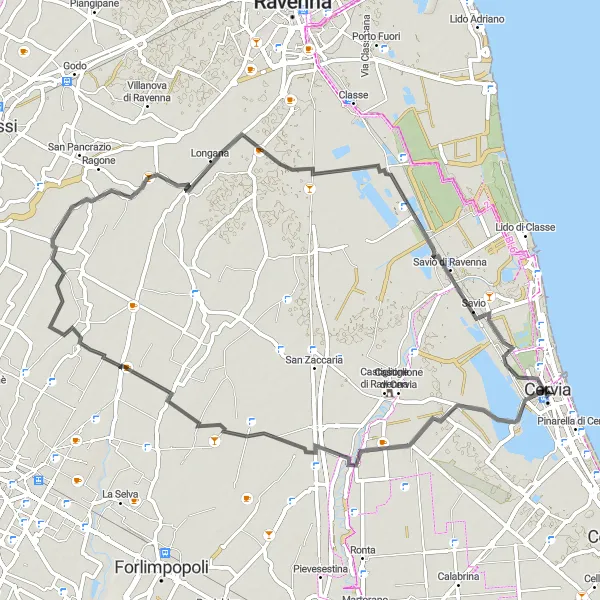 Mapa miniatúra "Pokojná cyklistická cesta Pievequinta" cyklistická inšpirácia v Emilia-Romagna, Italy. Vygenerované cyklistickým plánovačom trás Tarmacs.app
