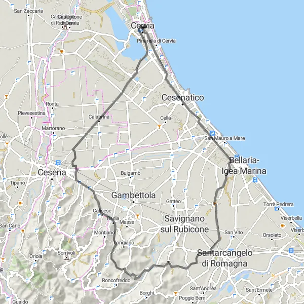 Miniatua del mapa de inspiración ciclista "Ruta en carretera por Cesenatico y Longiano" en Emilia-Romagna, Italy. Generado por Tarmacs.app planificador de rutas ciclistas