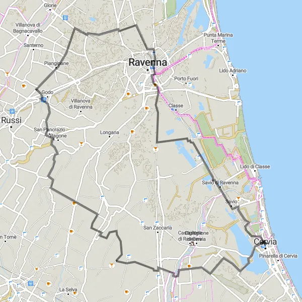 Miniatura della mappa di ispirazione al ciclismo "Pisignano, Ravenna e Mausoleo Teodorico: Tour in Bicicletta" nella regione di Emilia-Romagna, Italy. Generata da Tarmacs.app, pianificatore di rotte ciclistiche