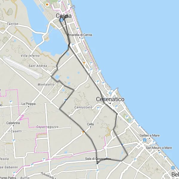 Mapa miniatúra "Cyklistická Trasa cez Torre San Michele a Cesenatico" cyklistická inšpirácia v Emilia-Romagna, Italy. Vygenerované cyklistickým plánovačom trás Tarmacs.app