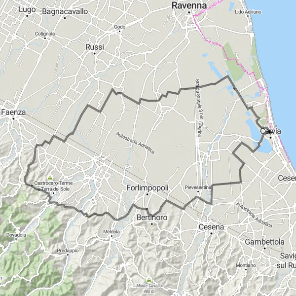 Kartminiatyr av "Castrocaro Loop" cykelinspiration i Emilia-Romagna, Italy. Genererad av Tarmacs.app cykelruttplanerare