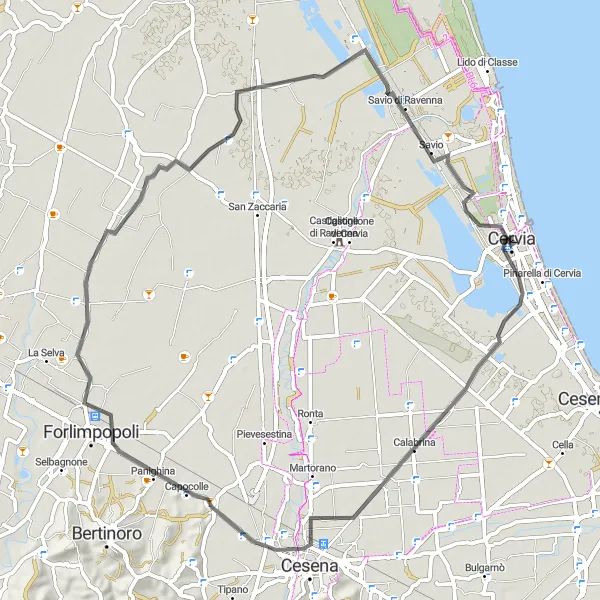 Miniaturní mapa "Cyklistická trasa kolem Milano Marittima" inspirace pro cyklisty v oblasti Emilia-Romagna, Italy. Vytvořeno pomocí plánovače tras Tarmacs.app