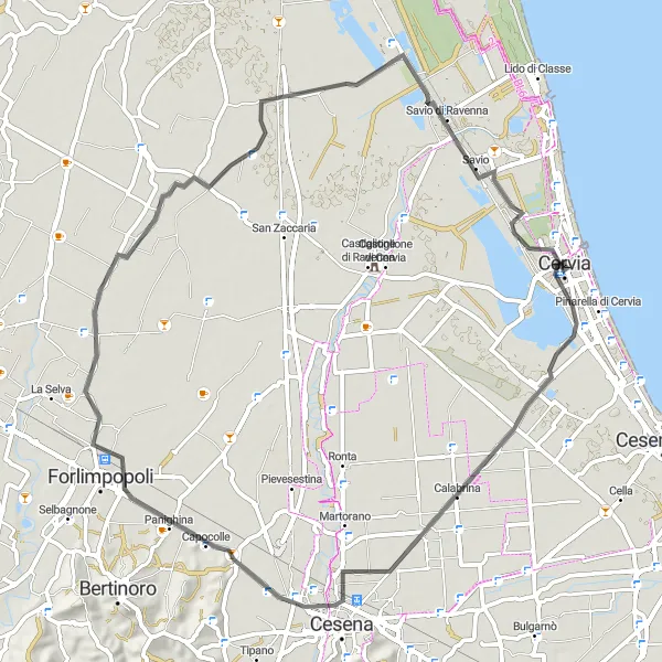 Miniatura della mappa di ispirazione al ciclismo "Giro dei Laghi del Parco del Delta del Po" nella regione di Emilia-Romagna, Italy. Generata da Tarmacs.app, pianificatore di rotte ciclistiche