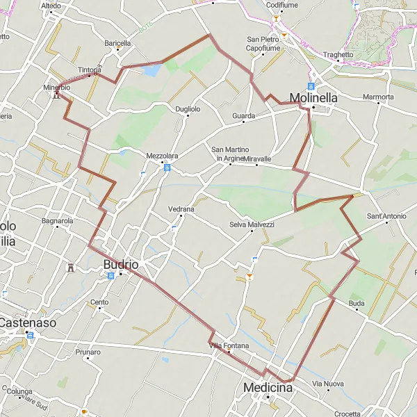 Miniatura della mappa di ispirazione al ciclismo "Periplo grintoso tra Minerbio e Rocca Isolani" nella regione di Emilia-Romagna, Italy. Generata da Tarmacs.app, pianificatore di rotte ciclistiche