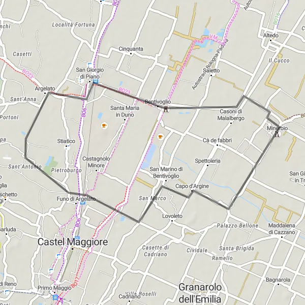 Miniatura mapy "Krótka wycieczka rowerowa w okolicach Minerbio" - trasy rowerowej w Emilia-Romagna, Italy. Wygenerowane przez planer tras rowerowych Tarmacs.app