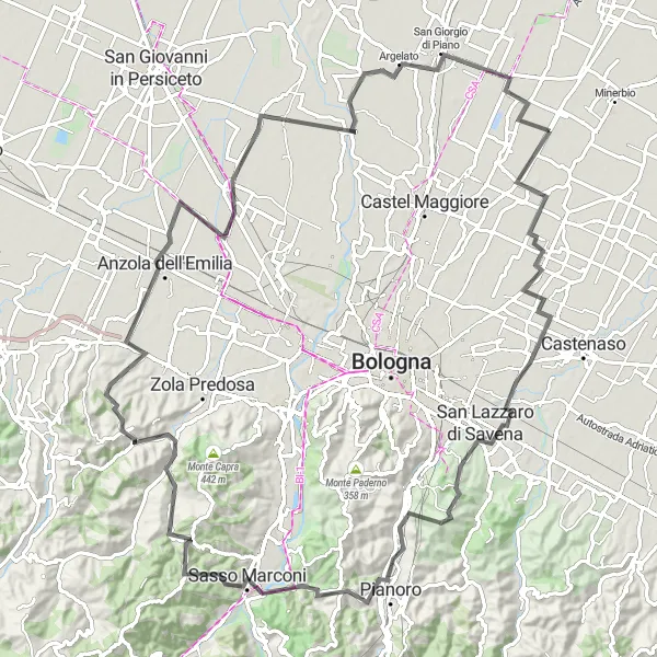 Miniatua del mapa de inspiración ciclista "Aventura en Monte Calvo desde Granarolo dell'Emilia" en Emilia-Romagna, Italy. Generado por Tarmacs.app planificador de rutas ciclistas