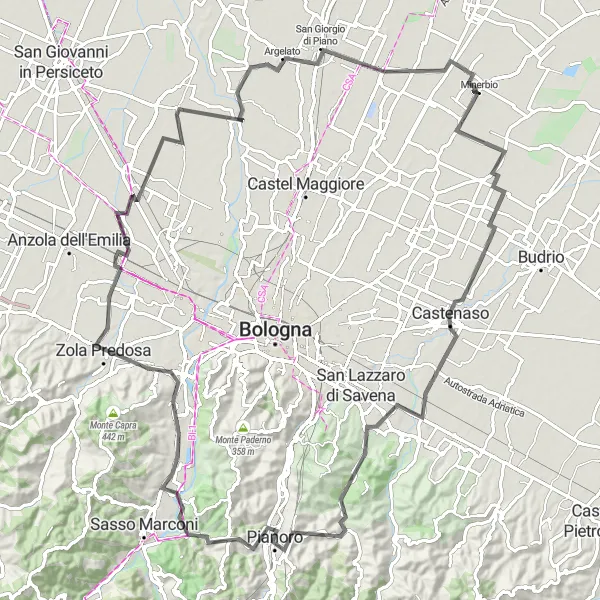 Miniatua del mapa de inspiración ciclista "Ruta a Monte Belvedere" en Emilia-Romagna, Italy. Generado por Tarmacs.app planificador de rutas ciclistas