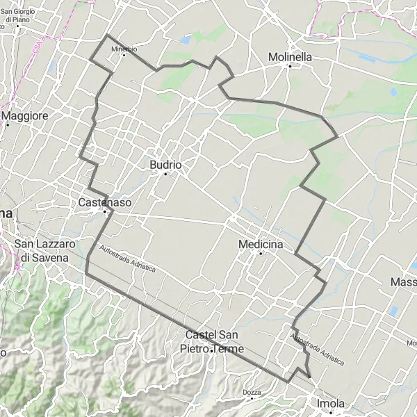 Kartminiatyr av "Spennende veikjøring fra Minerbio" sykkelinspirasjon i Emilia-Romagna, Italy. Generert av Tarmacs.app sykkelrutoplanlegger