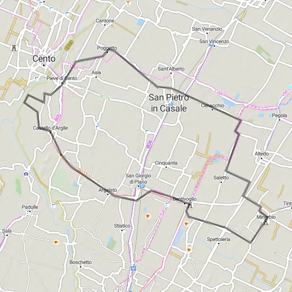 Zemljevid v pomanjšavi "Road San Giorgio di Piano - Minerbio Route" kolesarske inspiracije v Emilia-Romagna, Italy. Generirano z načrtovalcem kolesarskih poti Tarmacs.app