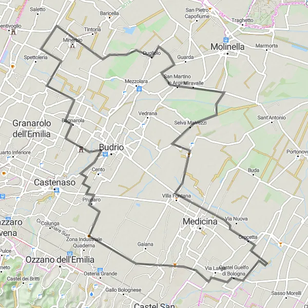 Miniaturní mapa "Cyklotrasa Minerbio-Dugliolo-Durazzo-Castel Guelfo di Bologna-Vigorso" inspirace pro cyklisty v oblasti Emilia-Romagna, Italy. Vytvořeno pomocí plánovače tras Tarmacs.app