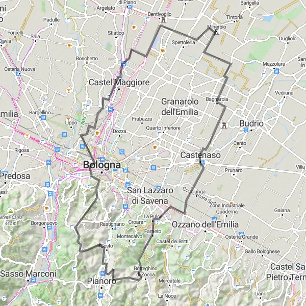 Karttaminiaatyyri "Maantiekiertue Minerbiosta" pyöräilyinspiraatiosta alueella Emilia-Romagna, Italy. Luotu Tarmacs.app pyöräilyreittisuunnittelijalla
