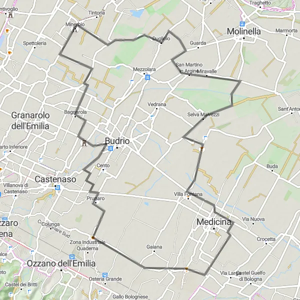 Karttaminiaatyyri "Minerbio - Rocca Isolani Road Cycling Route" pyöräilyinspiraatiosta alueella Emilia-Romagna, Italy. Luotu Tarmacs.app pyöräilyreittisuunnittelijalla