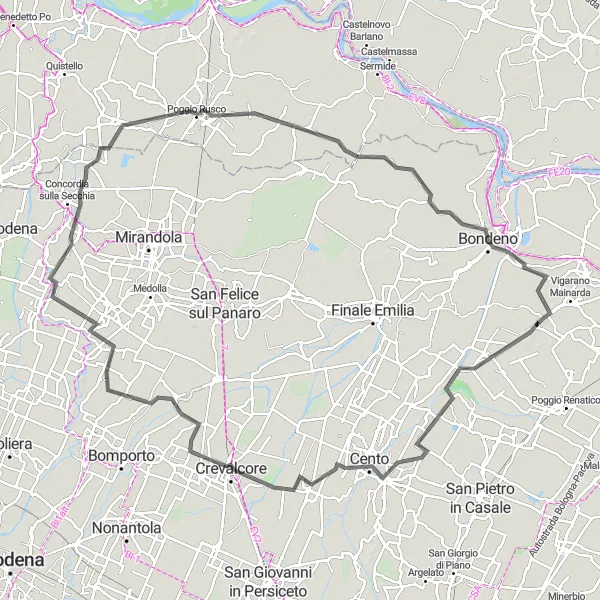 Map miniature of "Cento Circuit" cycling inspiration in Emilia-Romagna, Italy. Generated by Tarmacs.app cycling route planner