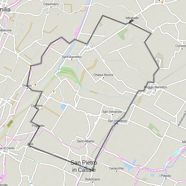 Kartminiatyr av "Mirabello - Poggio Renatico Circuit" sykkelinspirasjon i Emilia-Romagna, Italy. Generert av Tarmacs.app sykkelrutoplanlegger