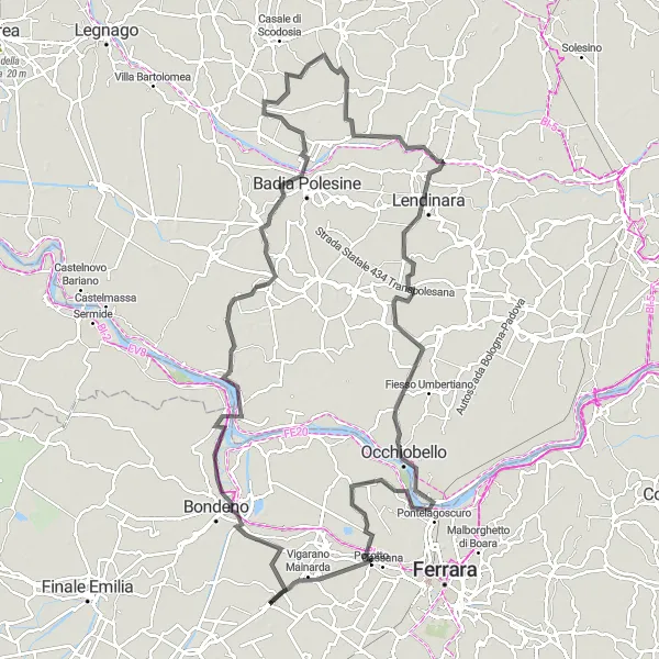 Karten-Miniaturansicht der Radinspiration "Entdeckungstour von Mirabello nach Vigarano Mainarda" in Emilia-Romagna, Italy. Erstellt vom Tarmacs.app-Routenplaner für Radtouren