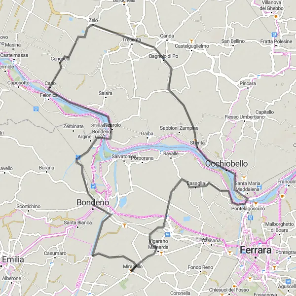 Karttaminiaatyyri "Reitti Bondenosta Mirabelloon" pyöräilyinspiraatiosta alueella Emilia-Romagna, Italy. Luotu Tarmacs.app pyöräilyreittisuunnittelijalla