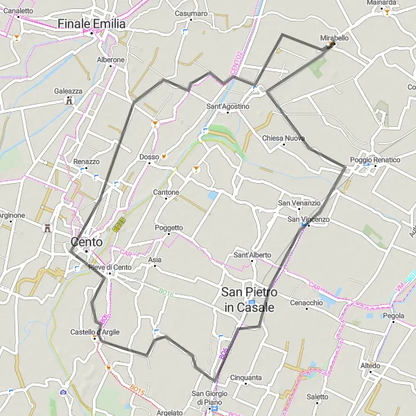 Miniature de la carte de l'inspiration cycliste "Boucle cyclable autour de Mirabello" dans la Emilia-Romagna, Italy. Générée par le planificateur d'itinéraire cycliste Tarmacs.app