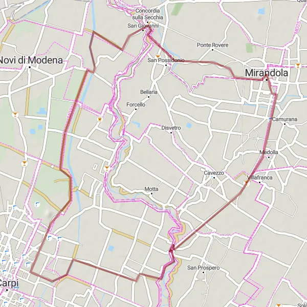 Miniatura della mappa di ispirazione al ciclismo "Medolla - Ponte Rovere Gravel Route" nella regione di Emilia-Romagna, Italy. Generata da Tarmacs.app, pianificatore di rotte ciclistiche